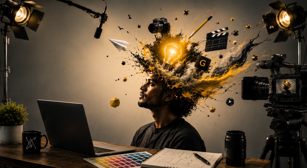 Creative idea conceptualization with cameras and gear