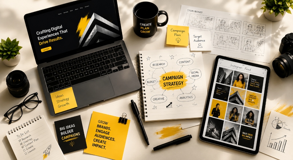 Top down view of brand marketing and campaign planning workspace